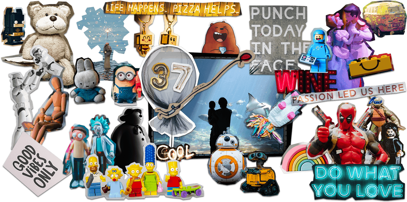 Scrapbook collage depicting various cut outs